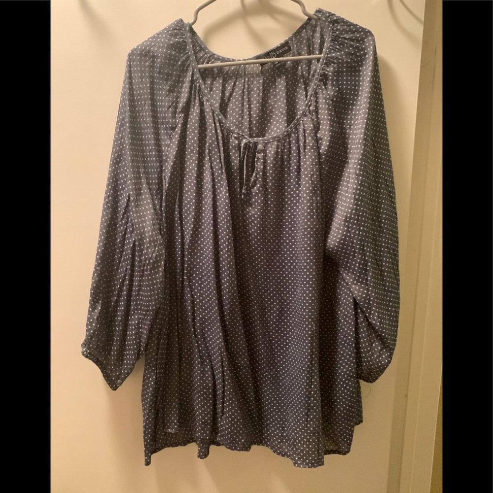 polka dot blouse,  navy blue